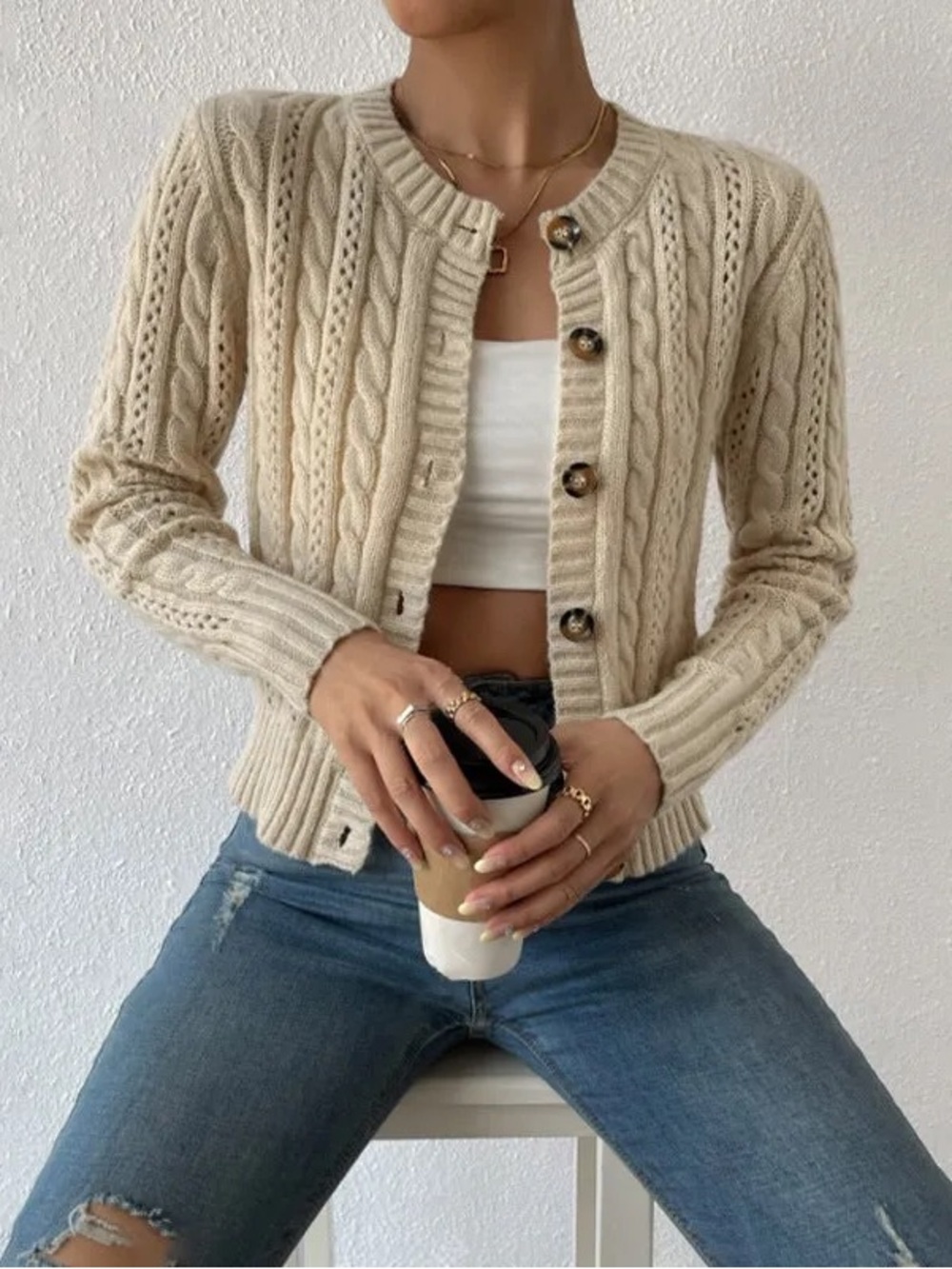 *NWT*Princess Polly- Women’s Cozy Beige Cable Knit Button-Front Cardigan (XS/S)